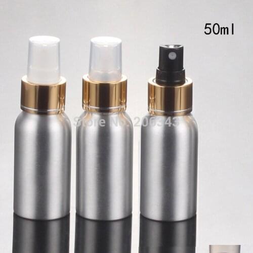 100pcs 50ml Aluminium bottle bottle Aluminum metal bottle with shiny gold collar white/transparent/black press pump
