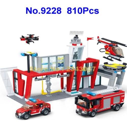 9228 810pcs Urban Fire Station Helicopter Truck Car 6 Building Blocks Toy