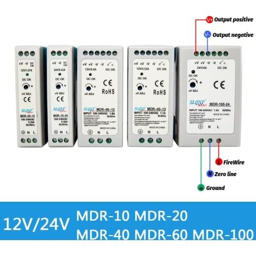 AC/DC Industrial Mini Din Rail Power Supply Switch MDR-10W 20W 40W 60W 100W Single Output Switching 5V 12V 15V 24V 36V48V Source