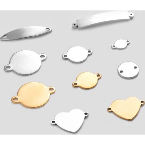 50Pcs/Lot Custom Engrave Logo Charms Stainless Steel Blank Stamping Tags With 2 Holes Connector DIY For Jewelry Making Wholsale