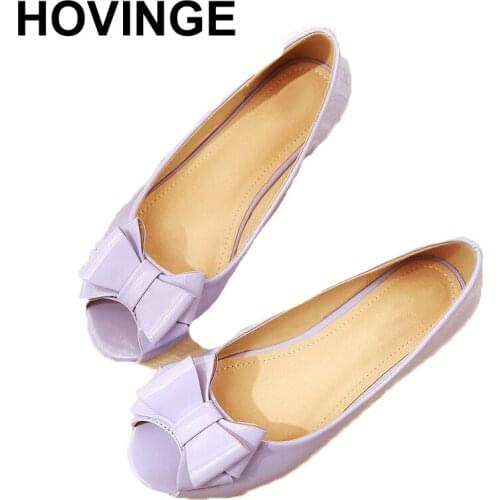 HOVINGE Womens Shoes Patent Leather Wear Resistant Deodorant Breathable Peep Toe Sweet Butterfly-knot Flat Shoes