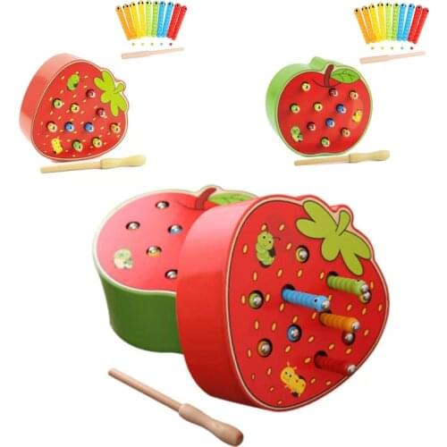 Magnetic Wooden Toy Kid Educational Intelligence Development Toys Catch Worm Game Strawberry Apple And 1 Wand+10 Worms