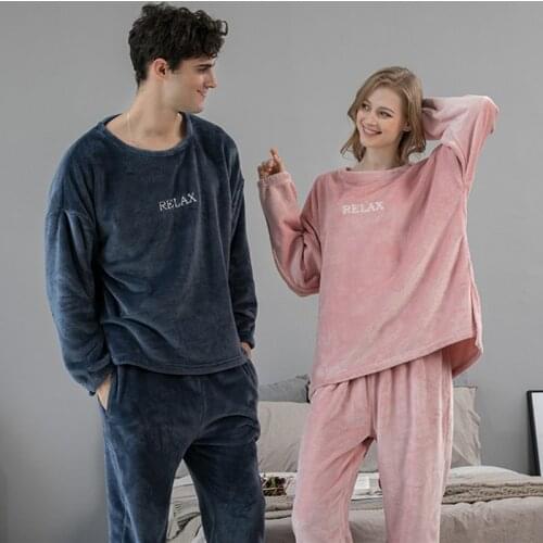 Thicken Thermal Couple Pajamas Set New Coral Fleece Warm Winter Home Clothing Loose Flannel Sleepwear Women Pijamas For Men