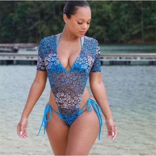 Three Piece Mesh Swimsuit Womens 3Pcs Bikini Suits Deep V-neck Halter Tops Side Tie Thong Bottoms Triangle Smock Summer Swimwear