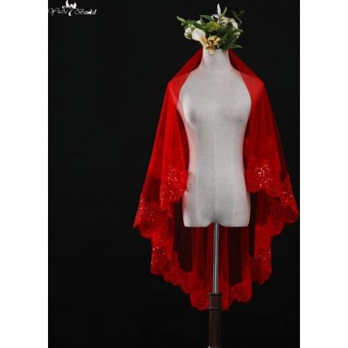 LZP329 Real Picture Yiaibridal Bridal Accessories Wedding Veil 1.5 Meters Sequins With Lace Bridal Veil Red Blusher Veil
