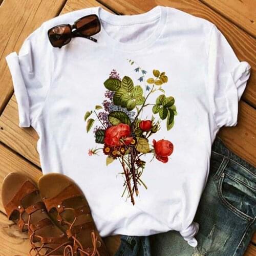 Fashion Flower Print Women T shirt Casual Graphic O-neck Kawaii Tshirts 90s Streetwear Summer New Ladies Tshirt