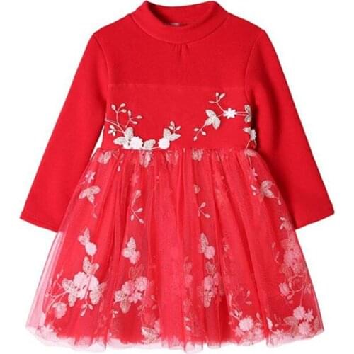 DFXD Fashion Winter Kids Girl Clothing Lovely Baby Red Long Sleeve Mesh Spliced Flower Embroidery Plus Velvet Princess Dress