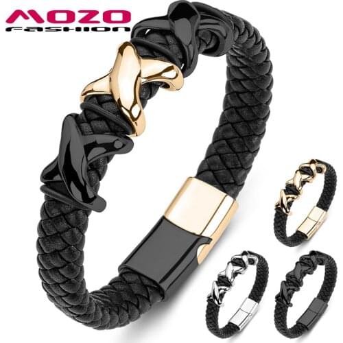 Male Genuine Leather Bracelets Braided Stainless Steel Trendy Punk Cross Bangles Collocation Jewelry