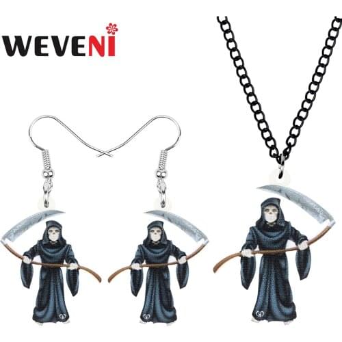 WEVENI Acrylic Halloween Black Grim Reaper Jewelry Sets Printing Long Necklace Earrings For Women Girls Classic Gift Decoration