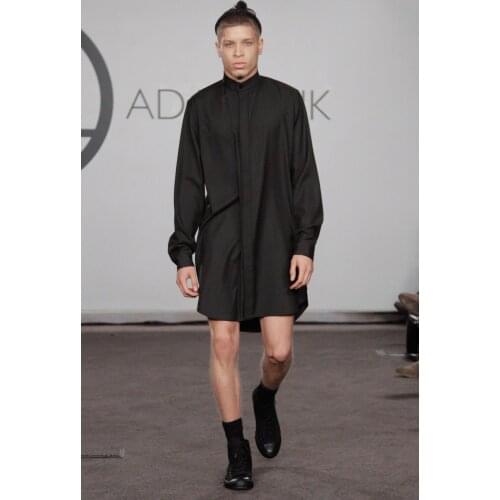 2016 New Mens clothing Small stand collar design long loose cotton shirt Singer costumes