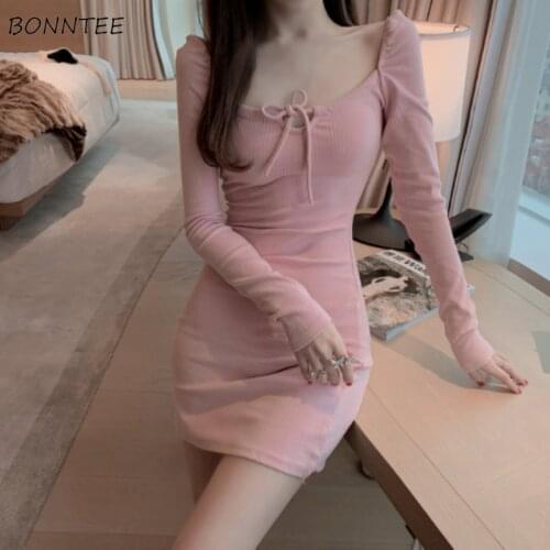 Long Sleeve Dress Women Solid Bow Slim Skinny Sexy Mini Midi Elegant Fashion Square Collar Female Womens Club Wear Bodycon Tide
