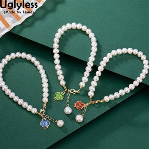 Uglyless Enamel Lantern Charms China Chic Pearls Bracelets for Women 100% Freshwater Pearls Fashion Dress Jewelry 925 Silver
