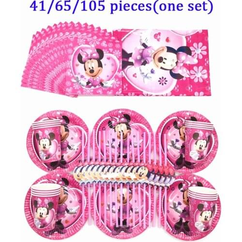 Baby Girl Decoration Birthday Minnie Mouse Party Supplies Paper Cup Plates Straws Napkin Tableware Set Wedding Party Tablecloth