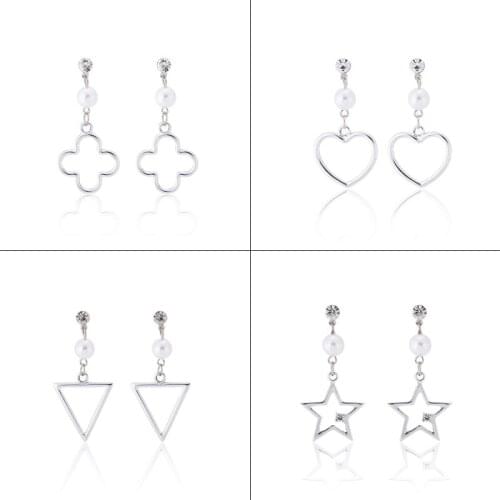 TDQUEEN Silver Plated Dangle Pearl Crystal Drop Earrings Heart Star Triangle Ear Drops Female Fashion Geometric Earrings