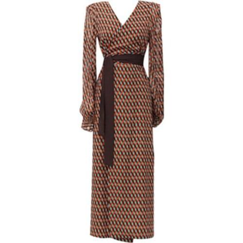 PERHAPS U Korean Version Khaki Plaid Print V Neck Chiffon Sash Long Sleeve Split Midi Dress Summer Beach D1799