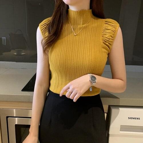 Womens T Shirt Fashion Sexy Slim Solid Bottoming Tops Casual Half Turtleneck Knitted Sleeveless T-Shirt