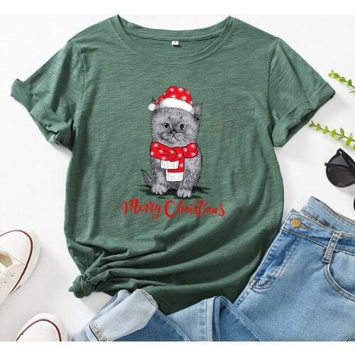 Merry Christmas Women Cotton T-shirt Fashion Cartoon Cat Graphic Printed O-Neck Short Sleeve T Shirts Top Kawaii Femme Clothes