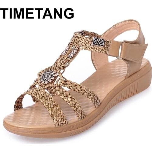TIMETANG Bohemian sandals female2020 summer flat flat with open toe students soft bottom shoes large size low heel women sandal