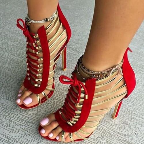 Women Runway Fashion Red Black Suede Patchwork Dress Sandals Gold Strappy Cage Pumps Thin High Heels Lace-up Party Shoes US10