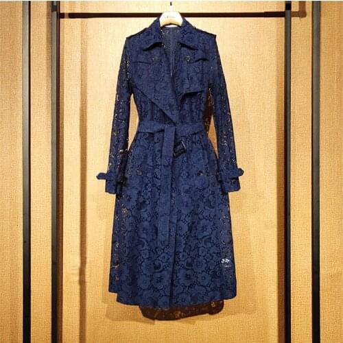 Women Lace Trench Coat Female 2021 Spring Medium Length British Thin Hollow Out High Quality Outerwear Spring Autumn New