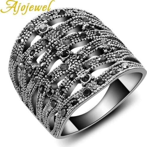 Ajojewel Big Luxuoius Pave Black CZ Retro Women Brand Geometric Ring Femininas Jewelry