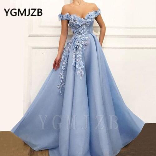 Off Shoulder 3D Flowers Evening Dresses 2020 A-Line V-Neck Beaded Tulle Women Formal Prom Gown Party Dress Robe De Soiree