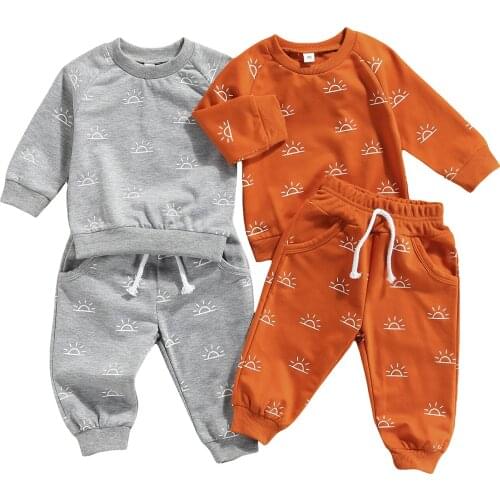 New Infant Baby 2Pcs Spring Outfits, Sun Print Long Sleeve Tops + Elastic Waist Pants Set