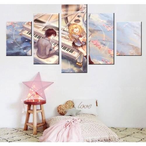 5 Pieces Music Art Love Cartoon Your Lie Is in April Wallpaper Girl Boy Piano Posters Sky Wind Home Modular Decor Framework