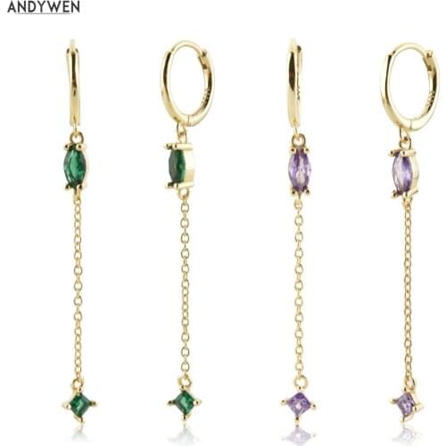 Andywen 100% 925 Sterling Silver Luxury Green Purple CZ Zircon Charm Long Chain Drop Earring Jewelry Piercing Clips Jewels