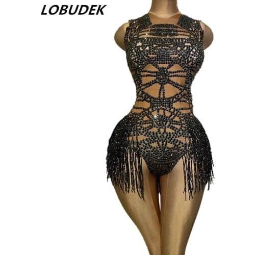 Sparkly Rhinestones Black Tassel Bodysuit Women Dancer Stage Elastic Leotard Bar Nightclub Fringe Tight Fitting Sexy Costume