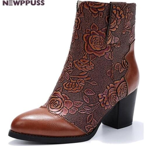 2021 autumn and winter new Pu High Heel national style retro print leather stitching boots