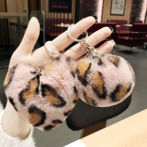 Faux Rabbit Fur Ball Key Chain Pompom Leopard Plush Heart Keychain Pom Pom Round Ball Trinket Car Bag Key Ring Gift Chaveiro