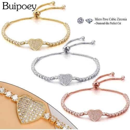 Buipoey High Quality Luxury Cubic Zirconia Heart Charm Bracelets For Women Men Fine CZ Jewelry Adjustable Length Bracelet Gift