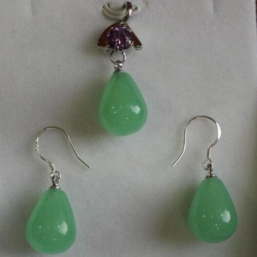 Hot sell ~~ perfect match ladys 12*16mm light green jade pendant, earring set