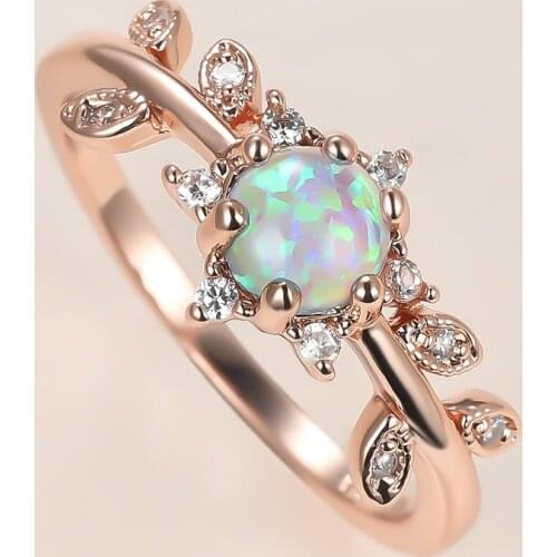 Cute Blue White Round Opal Ring Charm Rose Gold Color Thin Wedding Rings For Women Luxury Bride Crystal Leaf Engagement Ring