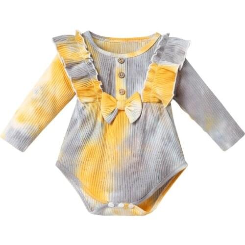 Newborn Baby Girls Tie-dye Jumpsuit Long Sleeve Romper with Cute Bowknot Decoration Babygrow Bodysuit Spring