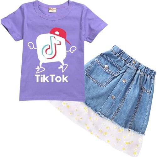 TIK TOK Kid Clothes Set Girls Short Sleeve Cotton T Shirts +Girl Denim Emb Skirt 2pcs Sets Girl Clothing
