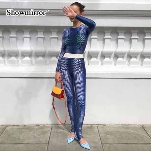 Showmirror Print Polka Dot Two-Piece Set Women Skinny Short Top Long Sleeve Splicing Slim Matching Sports Pants Suit Outfit