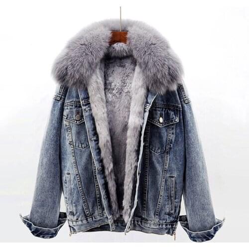 Winter Warm Denim Jacket Women Fox Fur Collar + Removable Rabbit Fur Liner Jeans Jacket Coat Loose Outwear Female Chaqueta Mujer