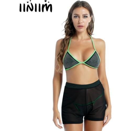 Summer Bikinis Set Women Shiny Rhinestone Lingerie Swimsuit Swimwear Sexy Lace-up Bra Top Briefs Panties See-through Mesh Shorts