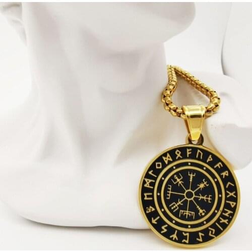 Viking Fashion Gold Compass Mysterious Rune Amulet Necklaces for Men