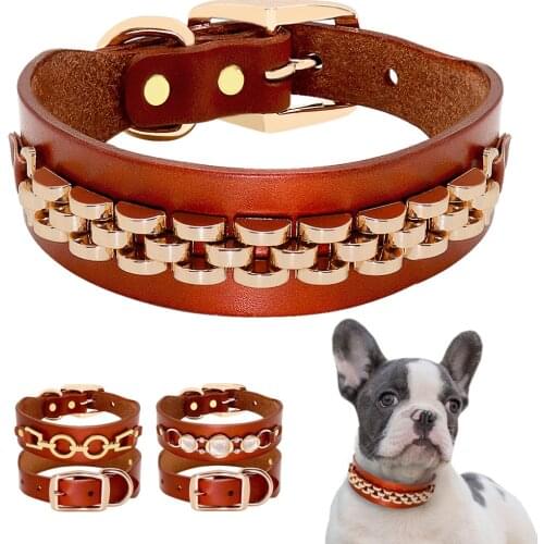 Fashion Leather Dog Collar French Bulldog Rhinestone Pet Collar Perro For Small Medium Dogs Metal Accessories Pet Collars