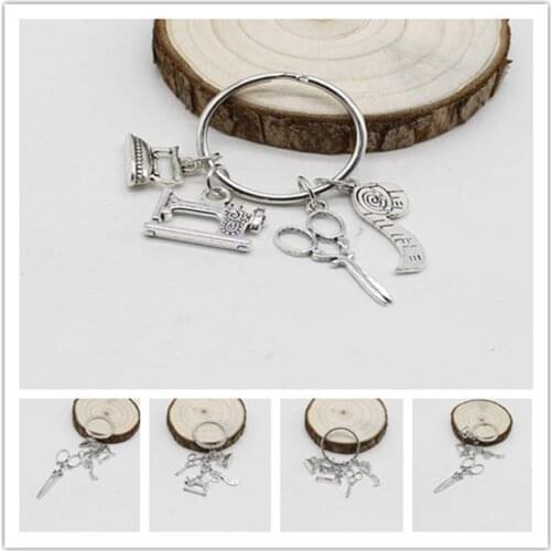 New fashion jewelry clothing designer keychain, ironing machine charm keychain, vintage sewing machine, scissors pendant, tailor