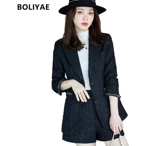 Boliyae Spring and Autumn New Suit with Shorts for Women Tweed Plaid Long Sleeve Blazer Sets Fashion Double Breasted Tops Jacket