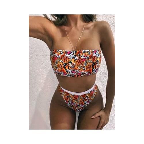 New Womens Bra High Waist Tiger Head Printed With Chest Pad No Steel Tuobikini Popular Swimsuit