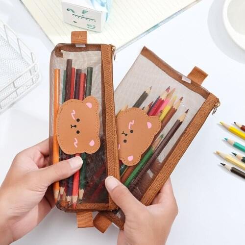 Transparent Mesh Pencil Case Cute Bear Brown Pouches Stationery Student Pencil Bag Large Capacity Storage Kawaii Bag 2021 New