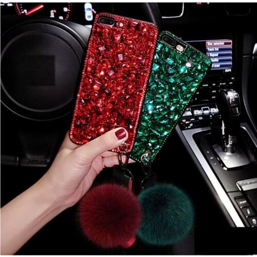 Dower Me Luxury Full Bling Crystal Diamond Case Cover With Fox Fur Ball Pendant Strap For Iphone XS Max XR X 8 7 6 6S Plus 5S SE