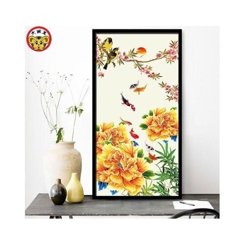 Fish, lotus, chrysanthemum, Chinese wind painting, DIY digital oil painting, porch, large living room Chinese decorative pendant