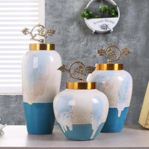 Blue Ceramic Vase Metal Cover Storage Jar Flower Arrangement Glaze Porcelain Vases Desk Decoration Home Decor