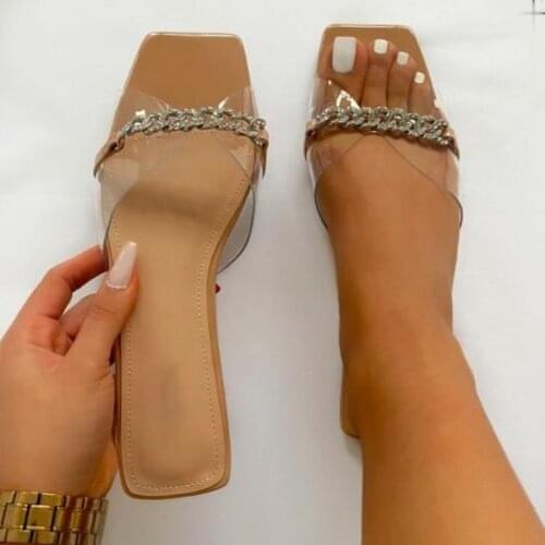 Retro Chain Womens Slippers Transparent Upper Fabrics Summer Shoes Woman Outdoor Wear Low Heel Ladies Slides Wholesale